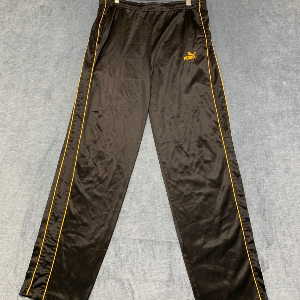 VTG Puma Track Pants Mens 32x31 Black Wordmark Logo Fleece Straight